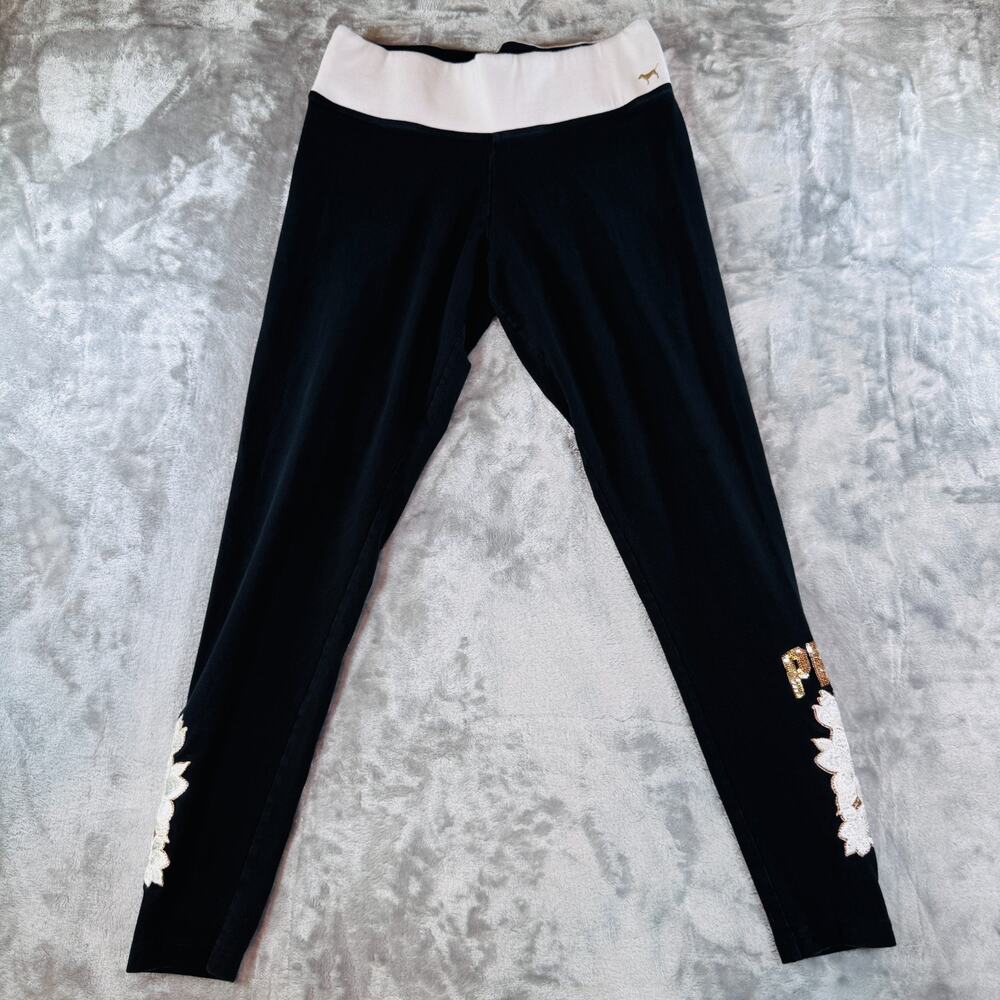 PINK Victoria's Secret Womens Size L Black Sequin Floral Yoga Leggings Foldover